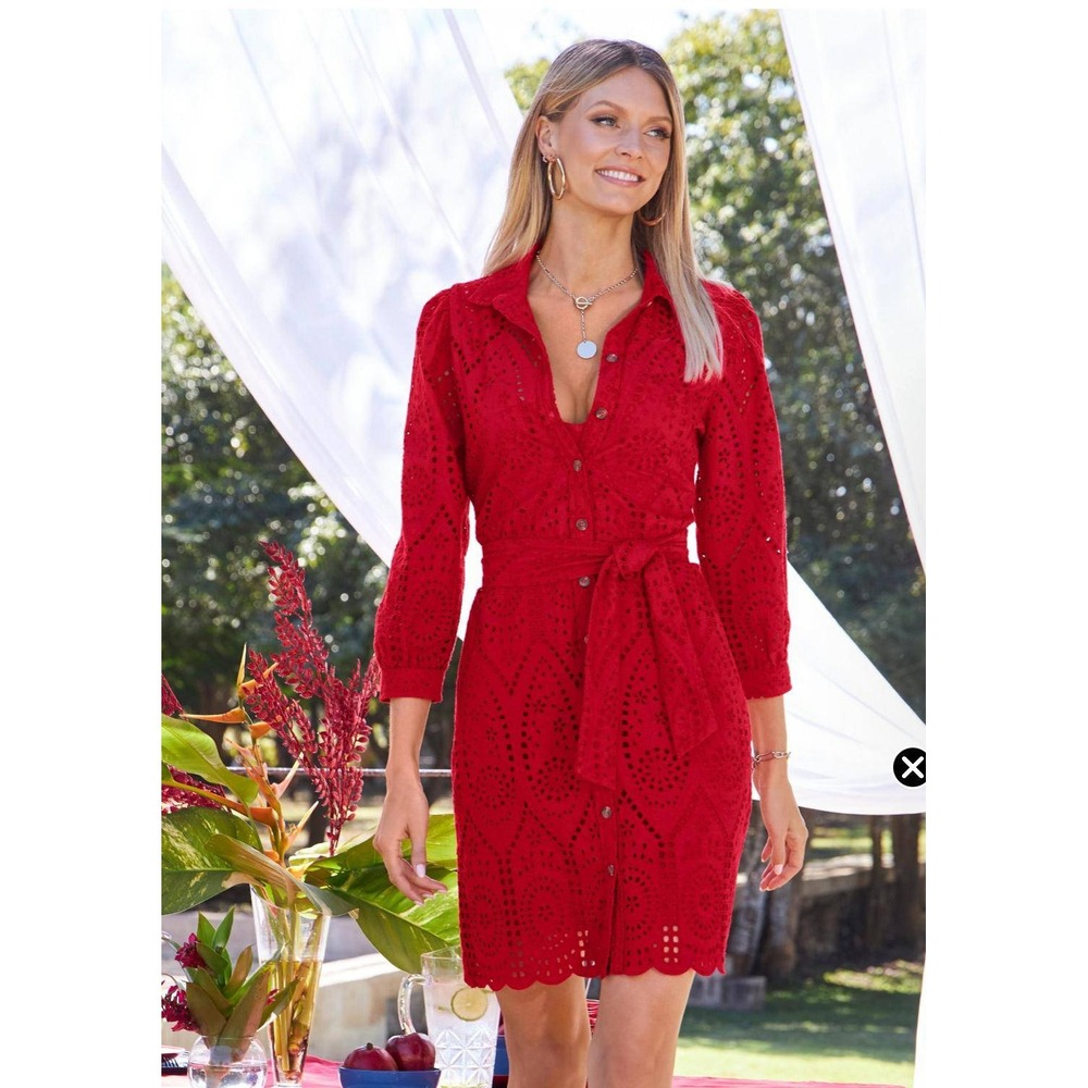 Boston Proper Red Eyelet Lace Shirt Dress M Midi Button Front Belted Puff Sleeve